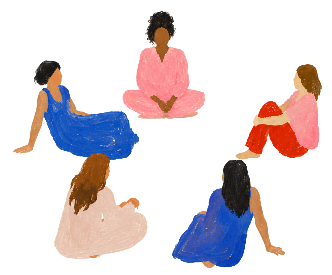 Ilustração de cinco mulheres sentadas em roda de conversa